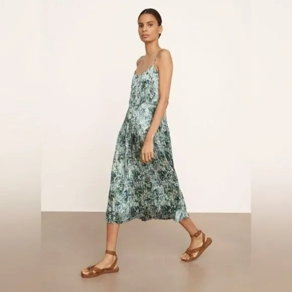 Vince Painted Floral Pleated Camisole Slip Dress Green L New